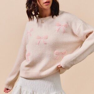 SO ME Embroidered Ribbon Round Neck Sweater